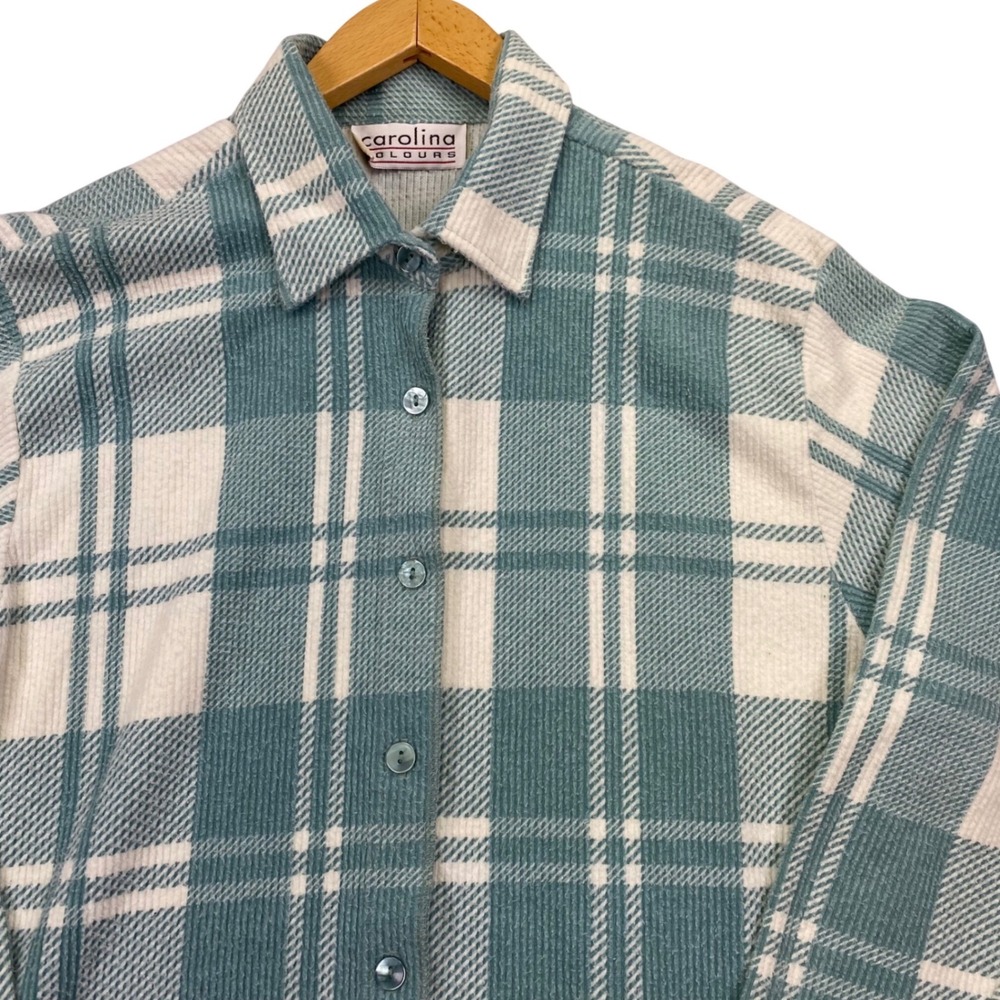 Carolina Colours Plaid Button Front Shirt Womens Large Green Cream Textured Knit